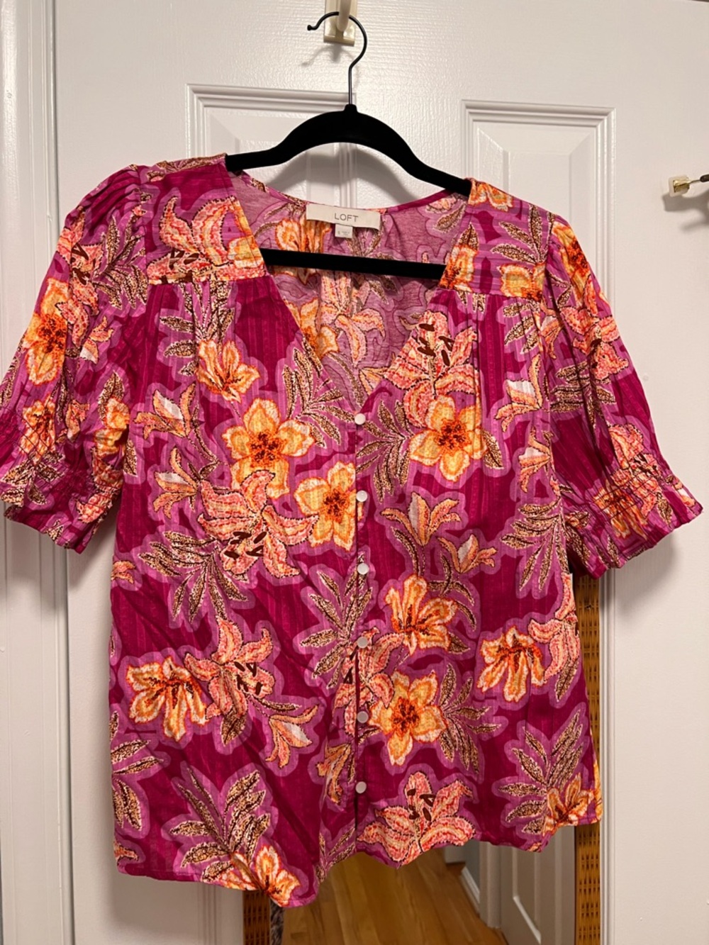 LOFT Magenta Floral Button-Front Blouse